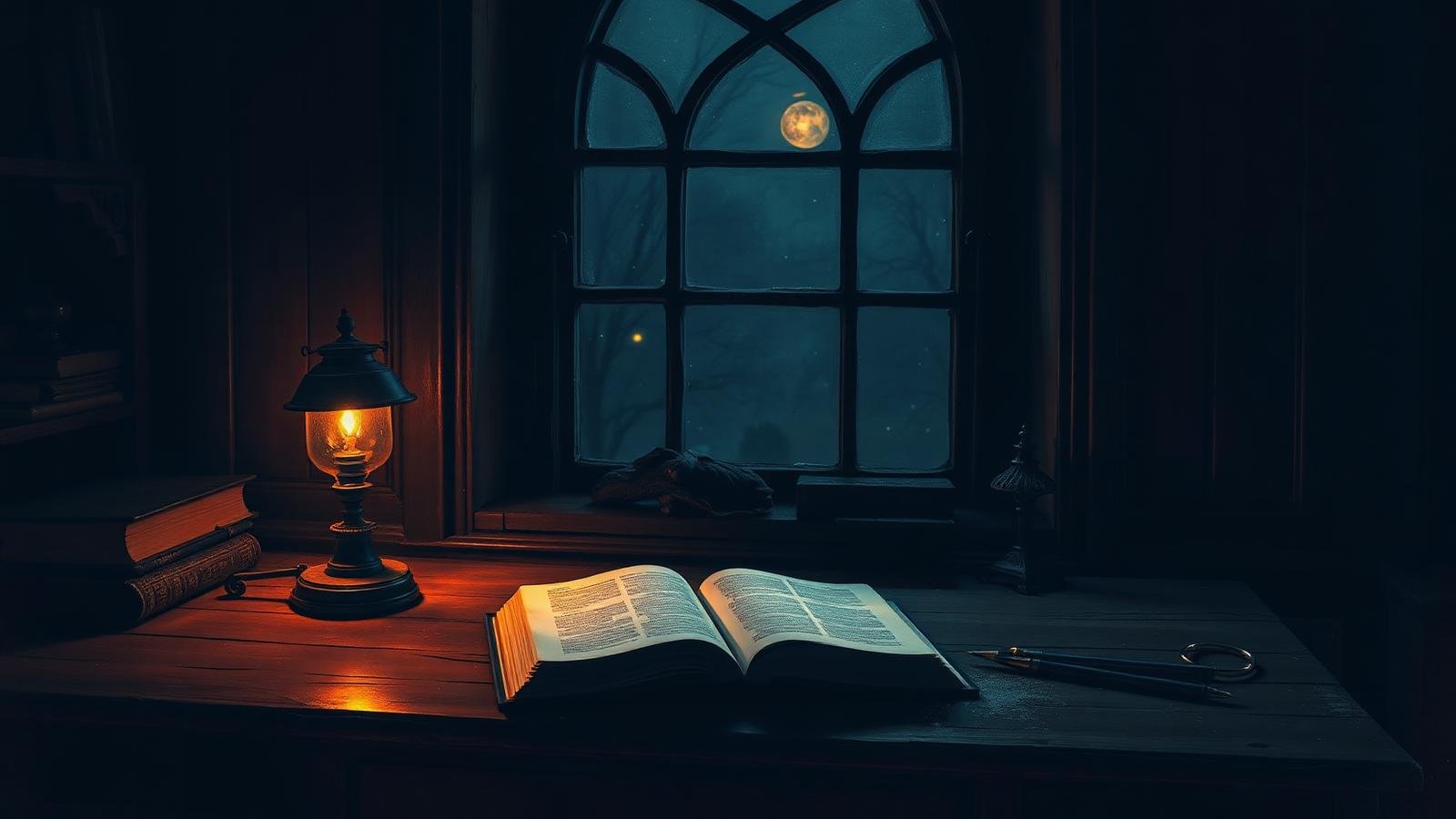 مكتب قراءة قديم قرب نافذة في الليل